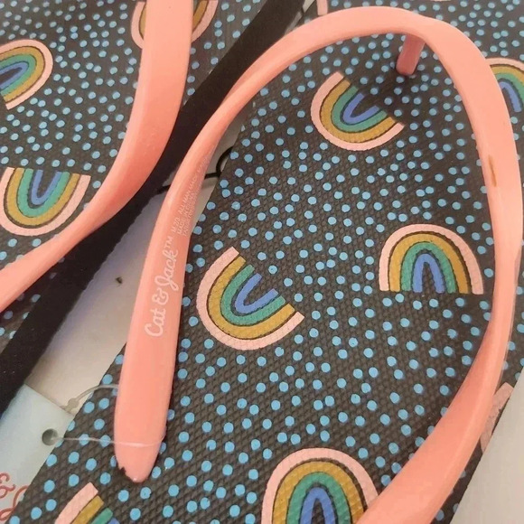 New Cat & jack Flip Flops M (2-3) Neon Pink Navy Blue Rainbow Sandals Shoes - Picture 4 of 6